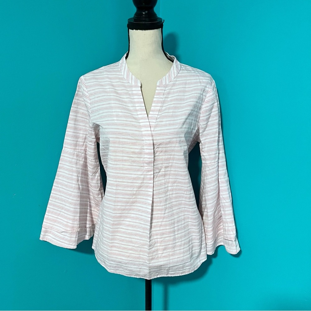 Ivanka Trump L Pink White Striped Popover Bell Sleeve Cotton Top